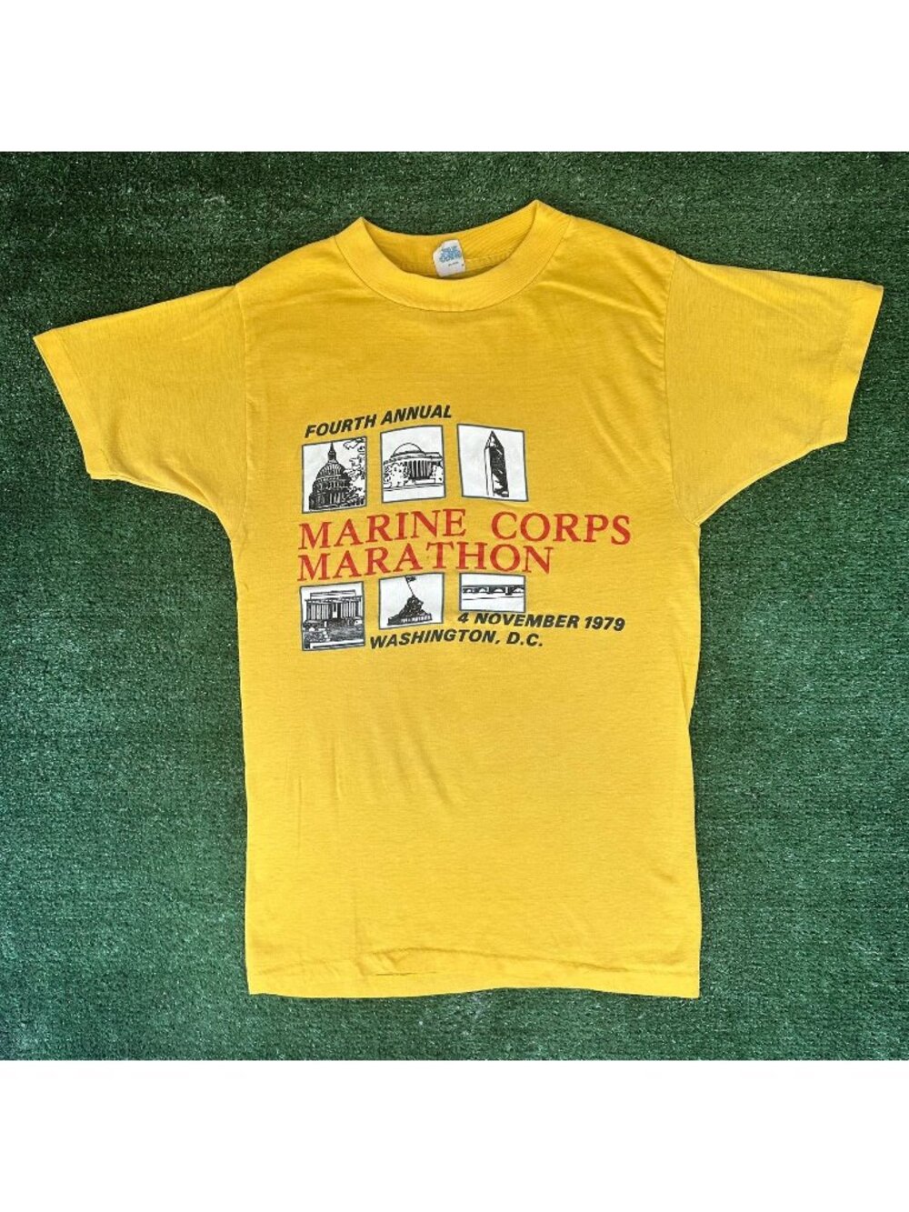 Vintage 70s Marine Corps Marathon 1979 T-Shirt Paper Thin Single Stitch Yellow M